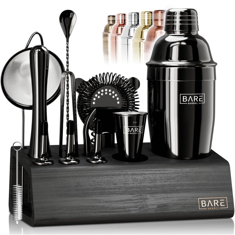 BARE BARREL Mixology Bartender Kit Bar Set | 14-Piece Cocktail Shaker Set | Martini Barware Mixing Tools for Home Bartending | Incl. 35 Recipe Cards | Gift Set (24oz Cobbler Shaker  Jet Black/Black) - Image 1